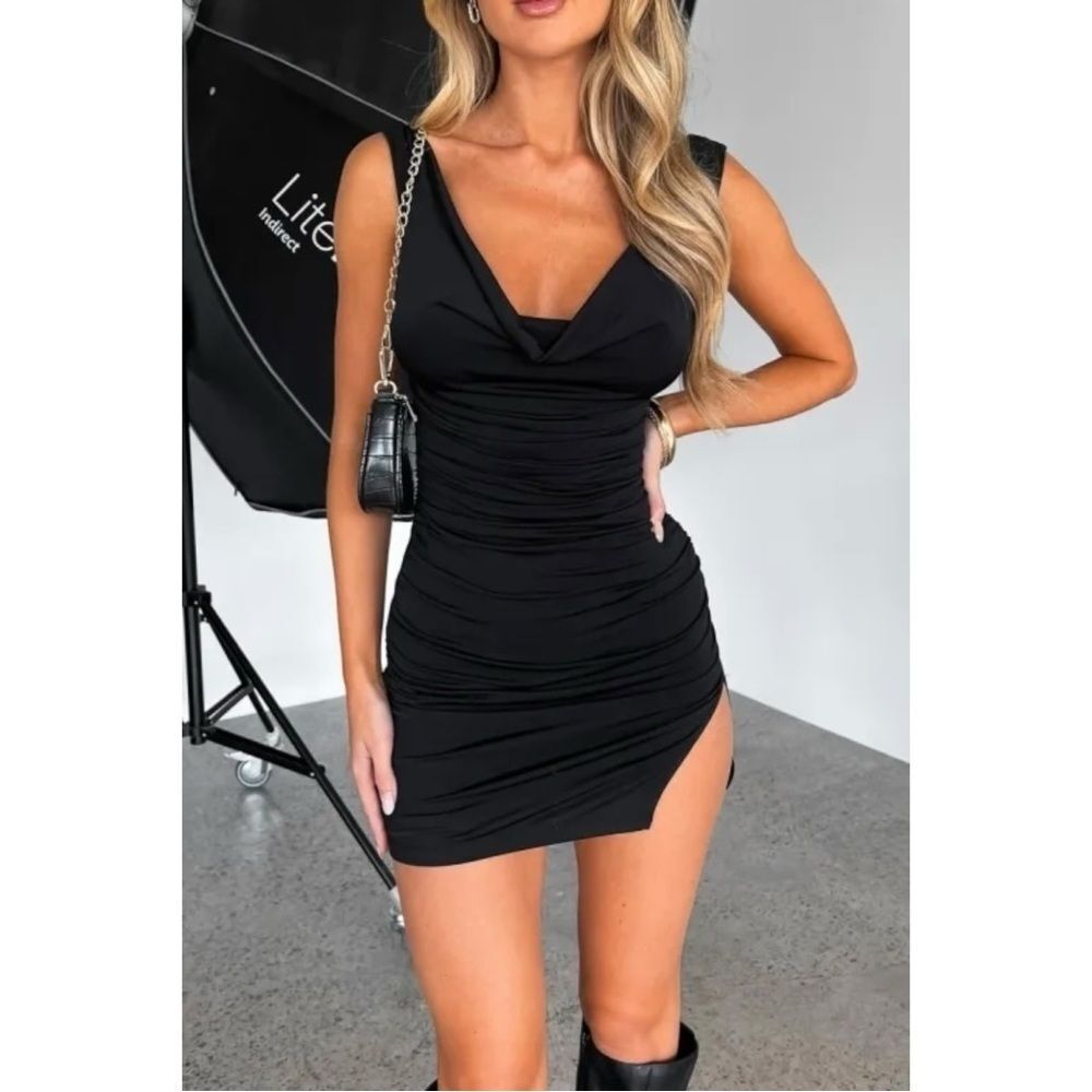 NWT White Fox Size S Black Cowl Neck Backless Step Up Your Game Mini Dress